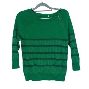 Liz Claiborne Large Green Striped 3/4 Sleeve Zipper‎ Detail Sweater Holiday